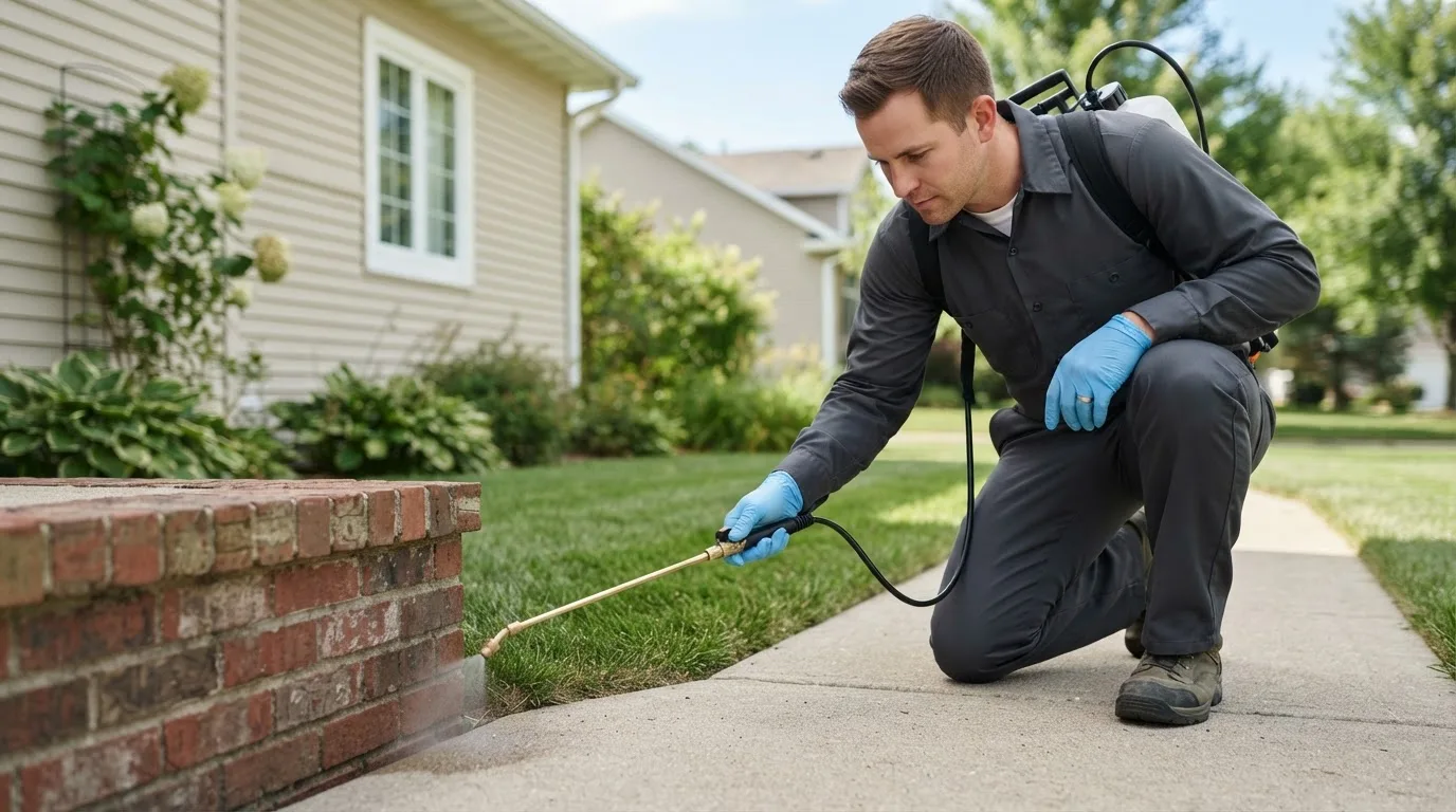 Pest control technician treating a home near Saint Charles, IA