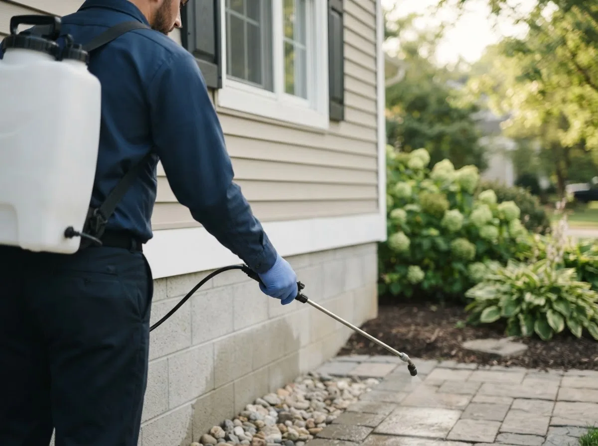 Pest control technician inspecting a home in Saint Charles, IA